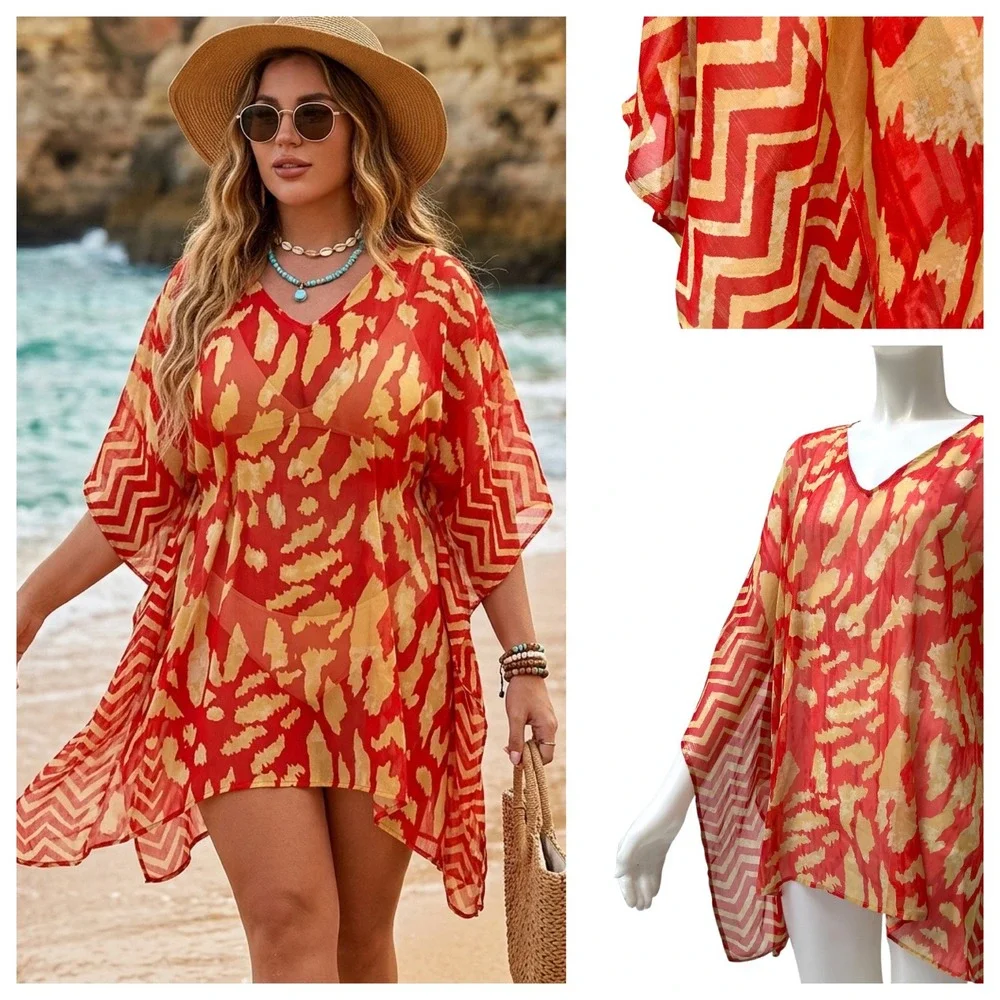 Chicos Red Abstract Animal Print Sheer Kaftan Swim Cover Up Boho Resortwear S/M